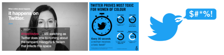 Jessica Valenti's image, overlaid by her tweet criticising Twitter for allowing violence against women on its platform, Amnesty graphic showing how toxic Twitter is for women of colour