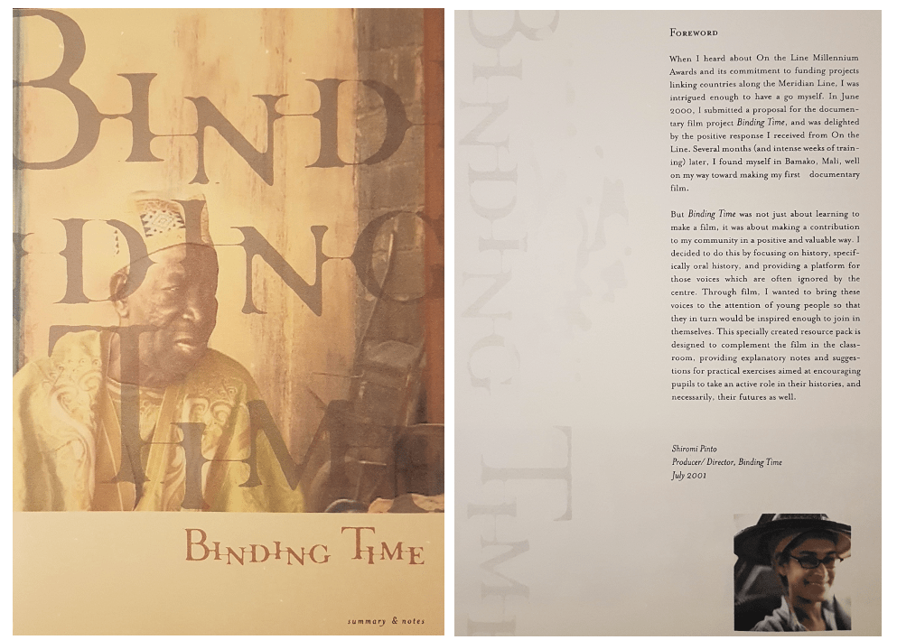 Binding Time resource pack cover, featuring Malian griot Djeli Baba Sissoko, and foreword.